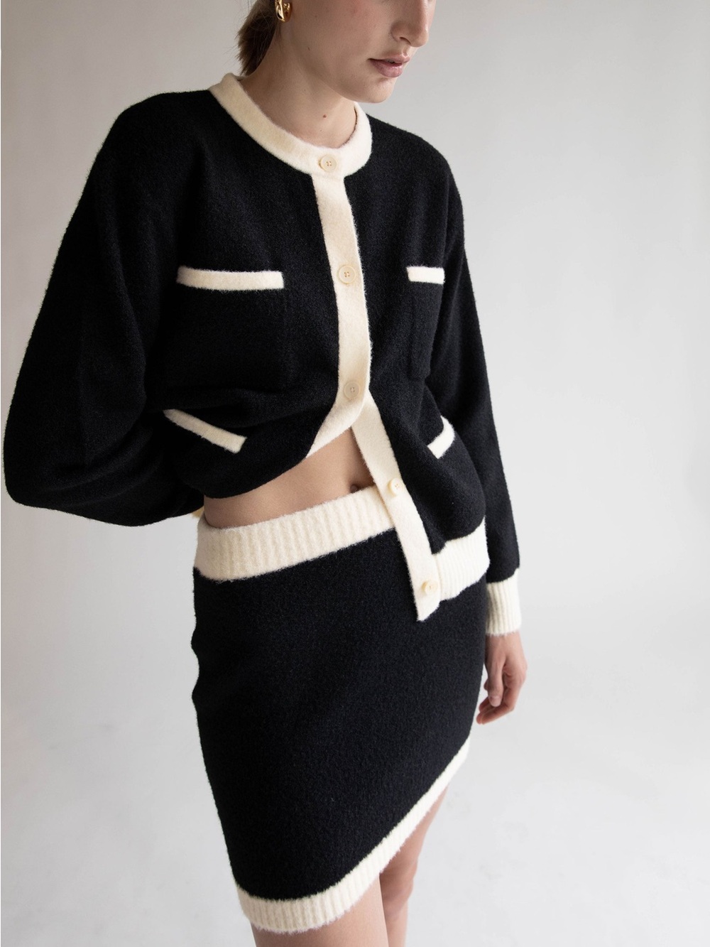 OAK + FORT Black & Cream Fuzzy Colour Block Preppy Skirt & Cardigan Set XS